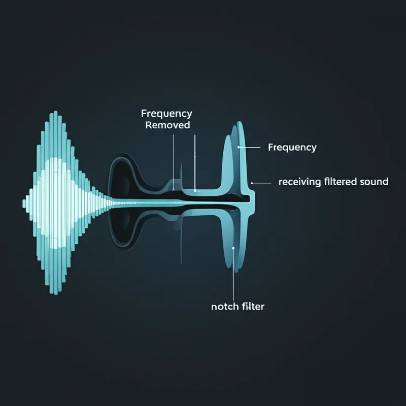 Diagram showing how notch therapy works: identify frequency, apply notch filter, brain retrains
